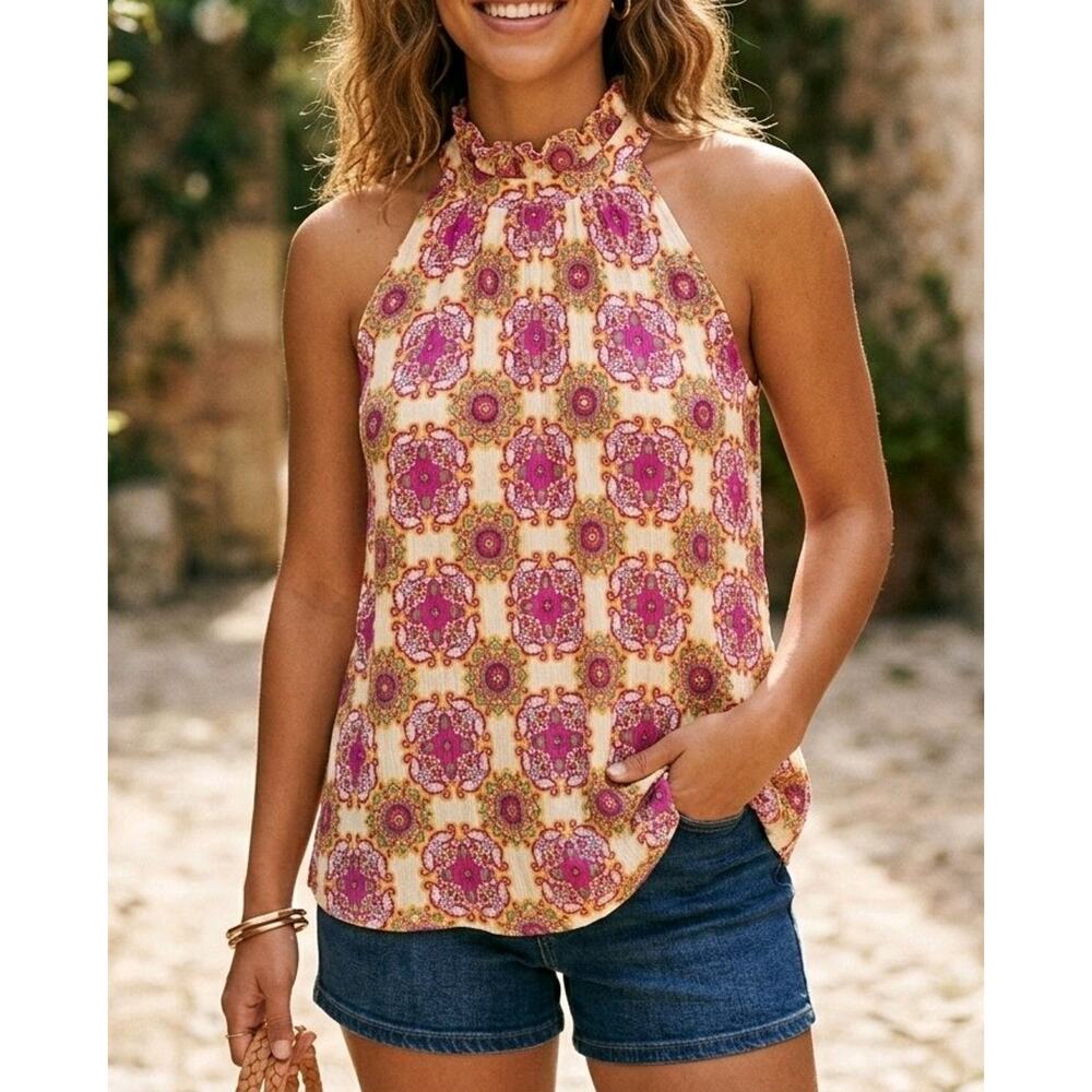 Vintage-inspired Sleevless High Neck Top Ruffles Geometric, Boho, Floral, Size M